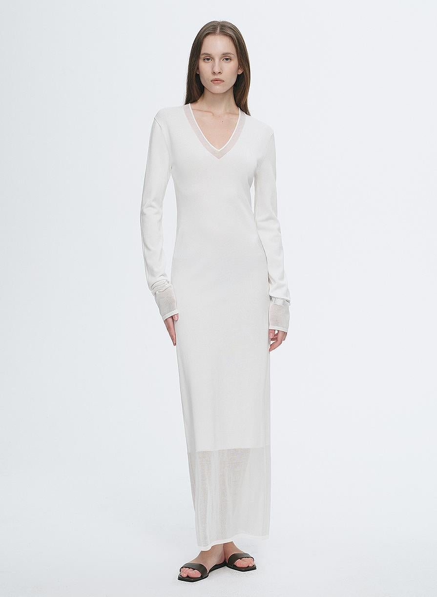 Elegant and intellectual triacetate Tencel blended skin-friendly transparent splicing design V-neck dress