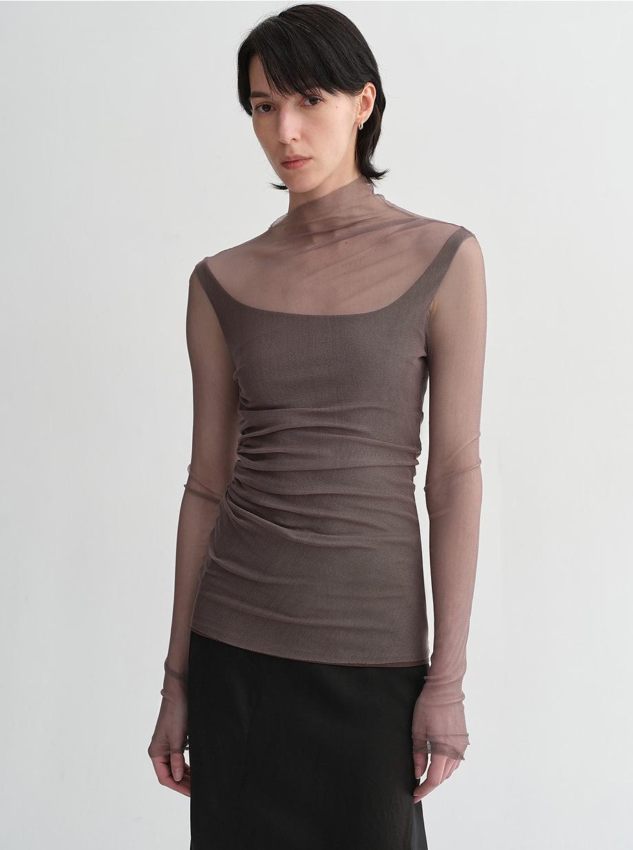 Double-layer transparent oblique collar pinched pleat half-high collar slim fit fake two-piece knitted T-shirt tops for women