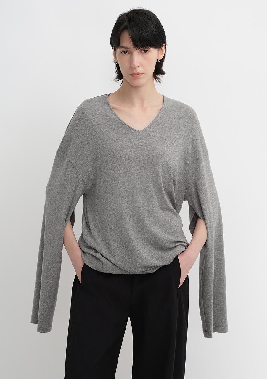 Machine washable Tencel wool V-neck two-wear elastic hem T-shirt bottoming shirt