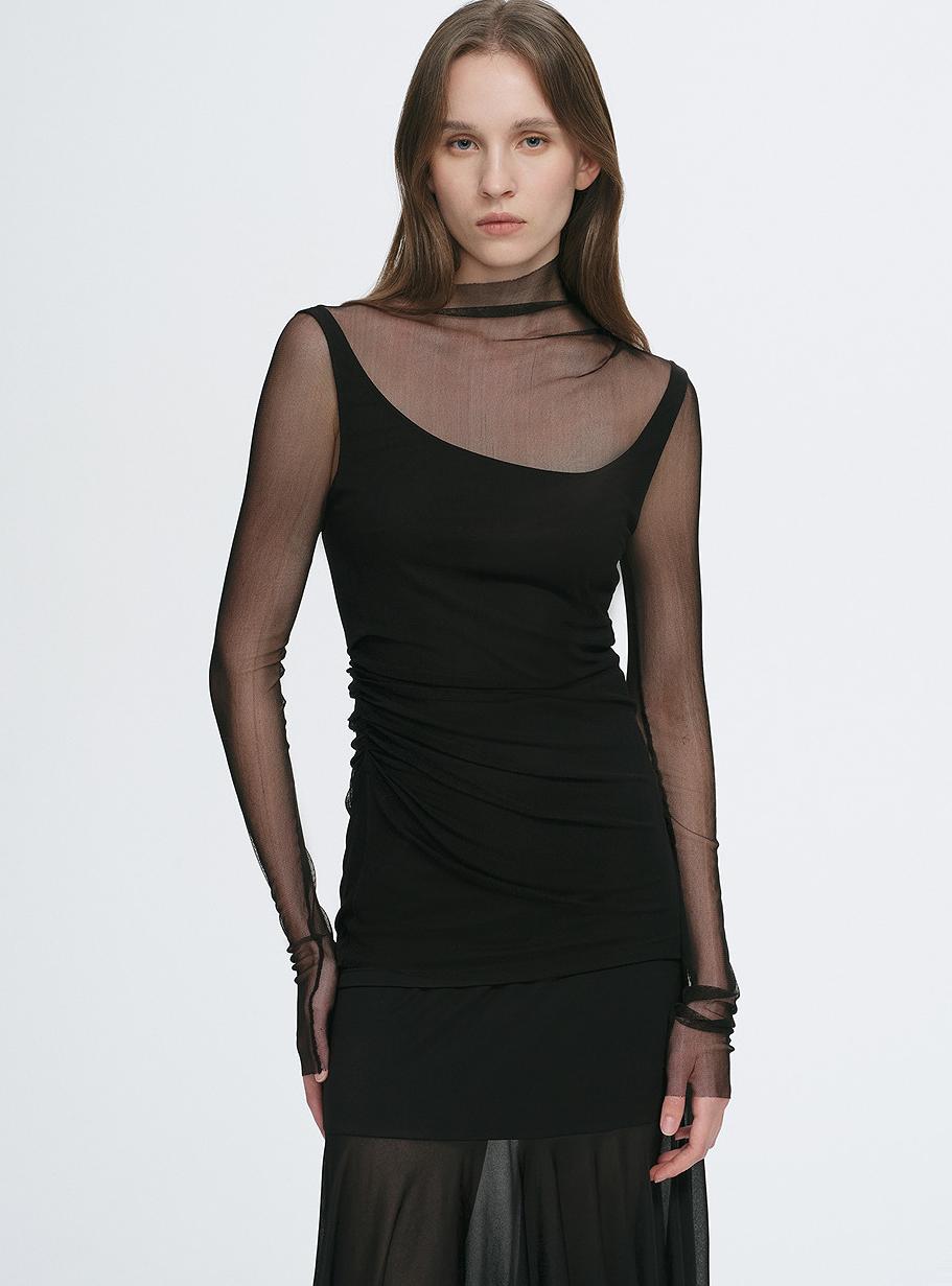 Double-layer transparent oblique collar pinched pleat half-high collar slim fit fake two-piece knitted T-shirt tops for women