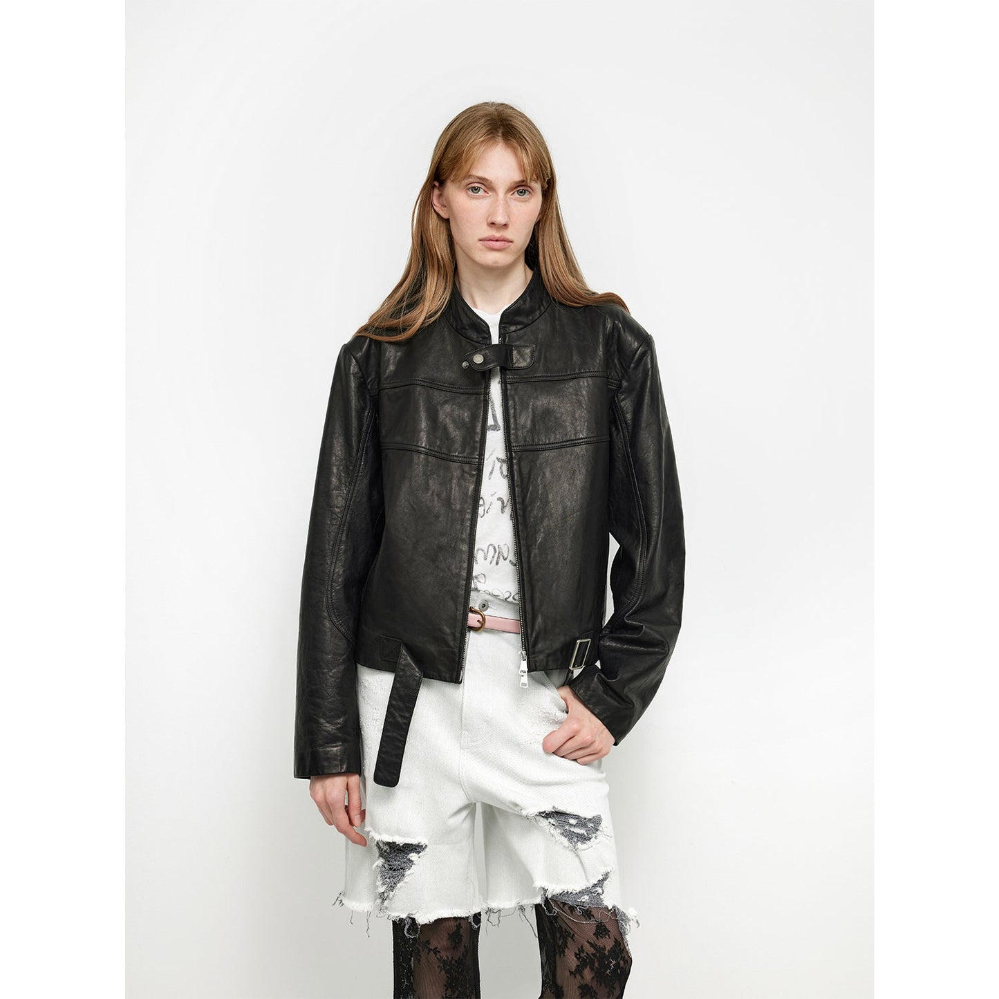 Caramel Mountain Retro Leather Stand Collar Short Motorcycle Jacket
