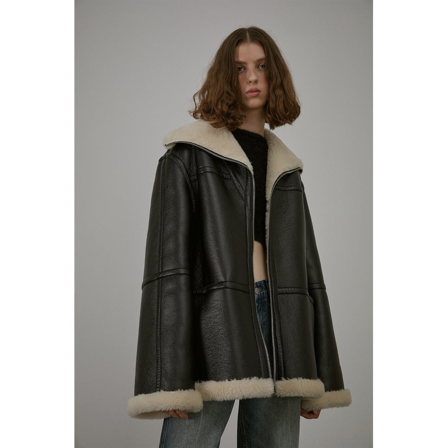 “August Night”Wool Artificial Compound Leather Reversible Shearling Jacket