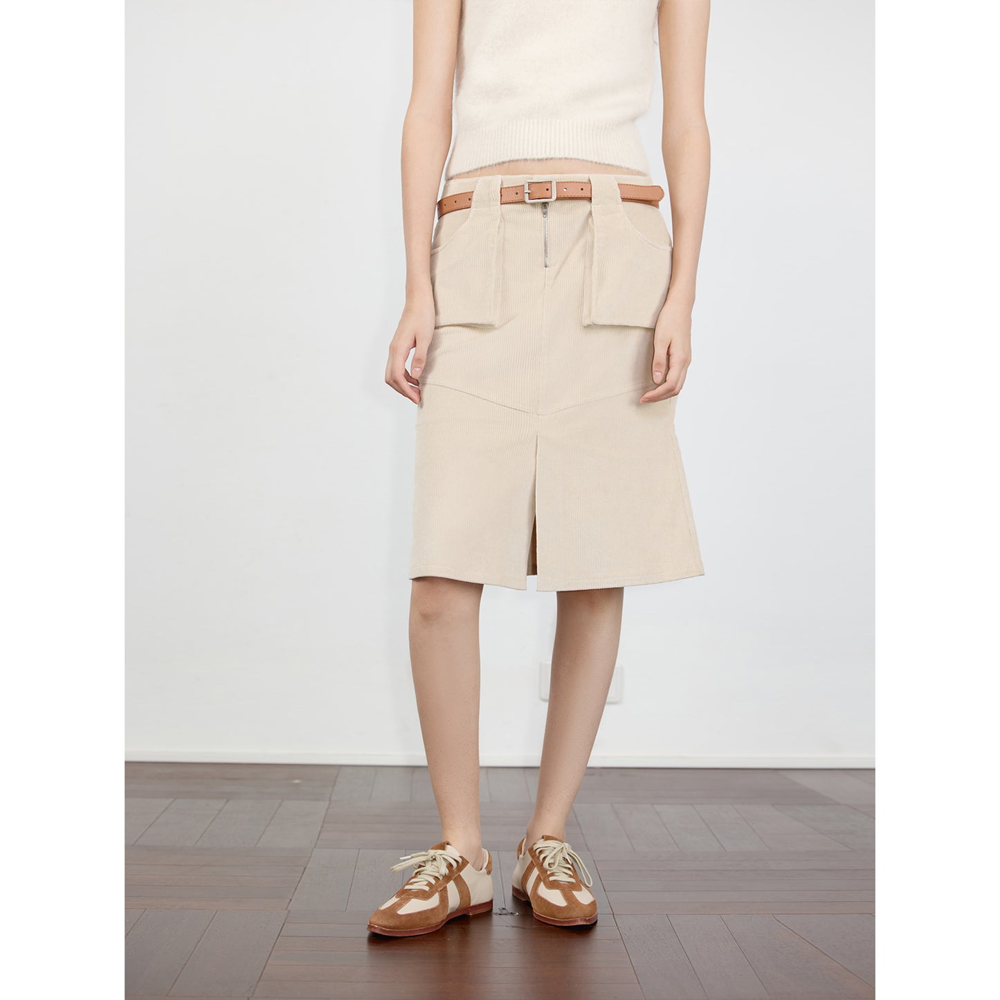 "Postcard Memory" Retro corduroy design front slit workwear fishtail skirt