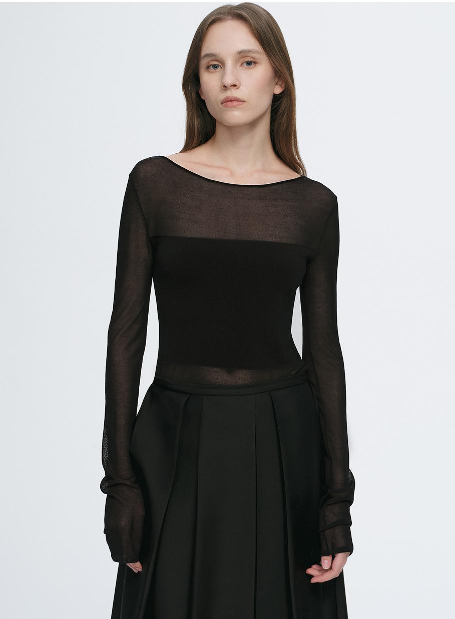 Transparent patchwork acetate Tencel temperament slim fit slim long sleeve T-shirt for women