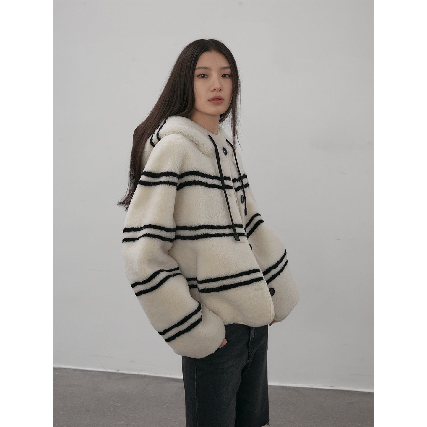 Snowy New Year Merino Sheepskin Lamb Wool Striped Jacket