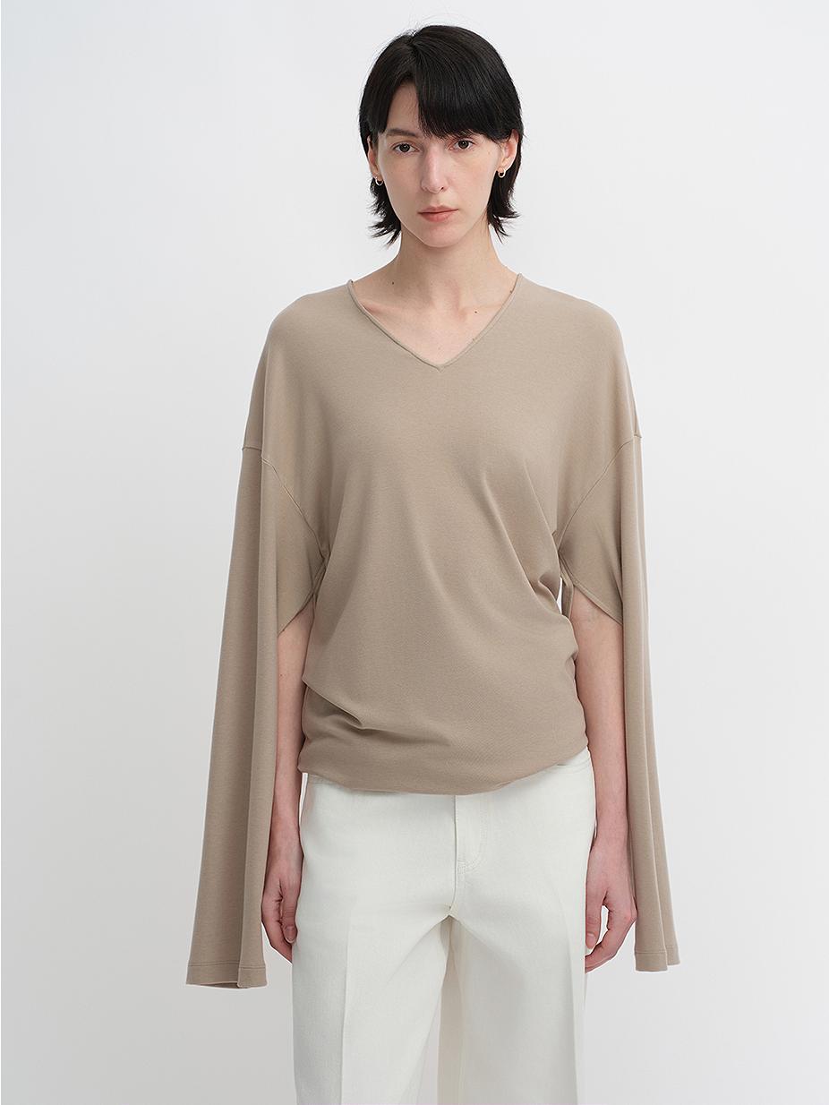 Machine washable Tencel wool V-neck two-wear elastic hem T-shirt bottoming shirt