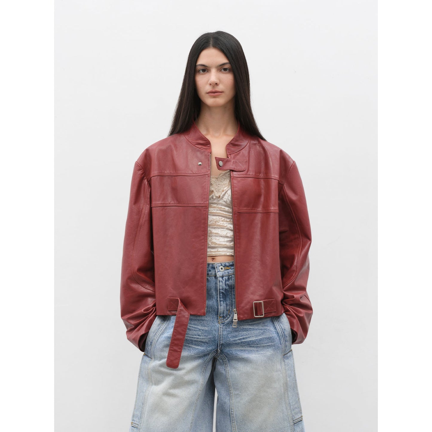Caramel Mountain Retro Leather Stand Collar Short Motorcycle Jacket