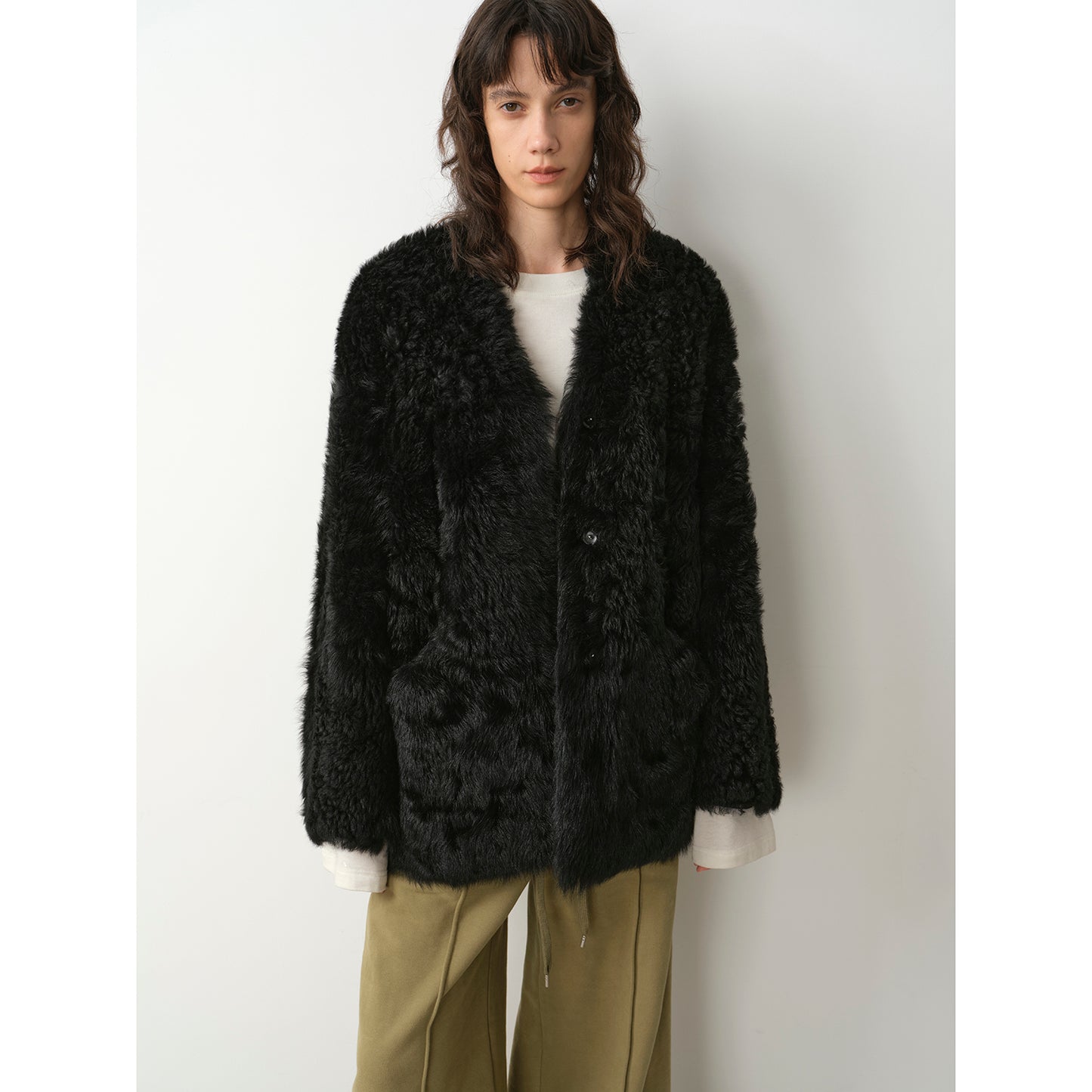 Castle Dusk Fashionable Casual V-neck Italian Tuscan Sheepskin Coat