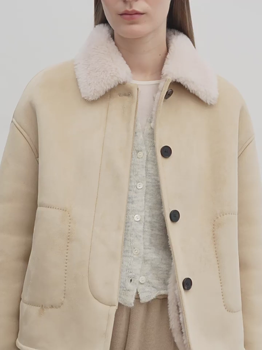 "Slightly Sweet Latte" Furry Lapel Wool Artificial Compound Suede Casual Straight Shearling Jacket
