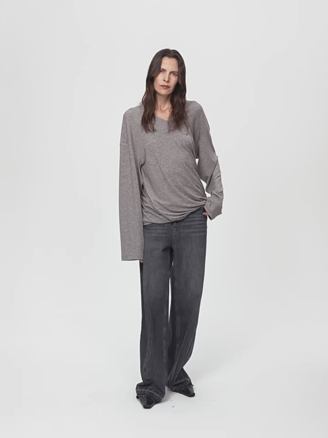 Machine washable Tencel wool V-neck two-wear elastic hem T-shirt bottoming shirt