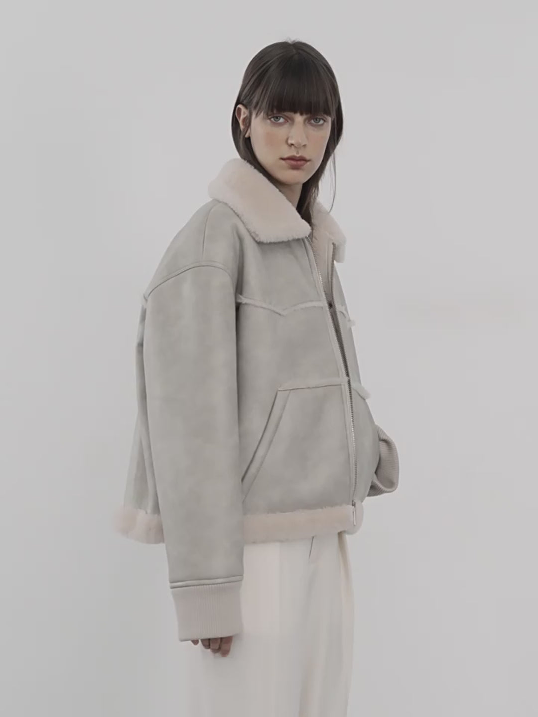 "Makino's Fun" Lapel Wool Artificial Compound Leather Short Style Shearling Jacket
