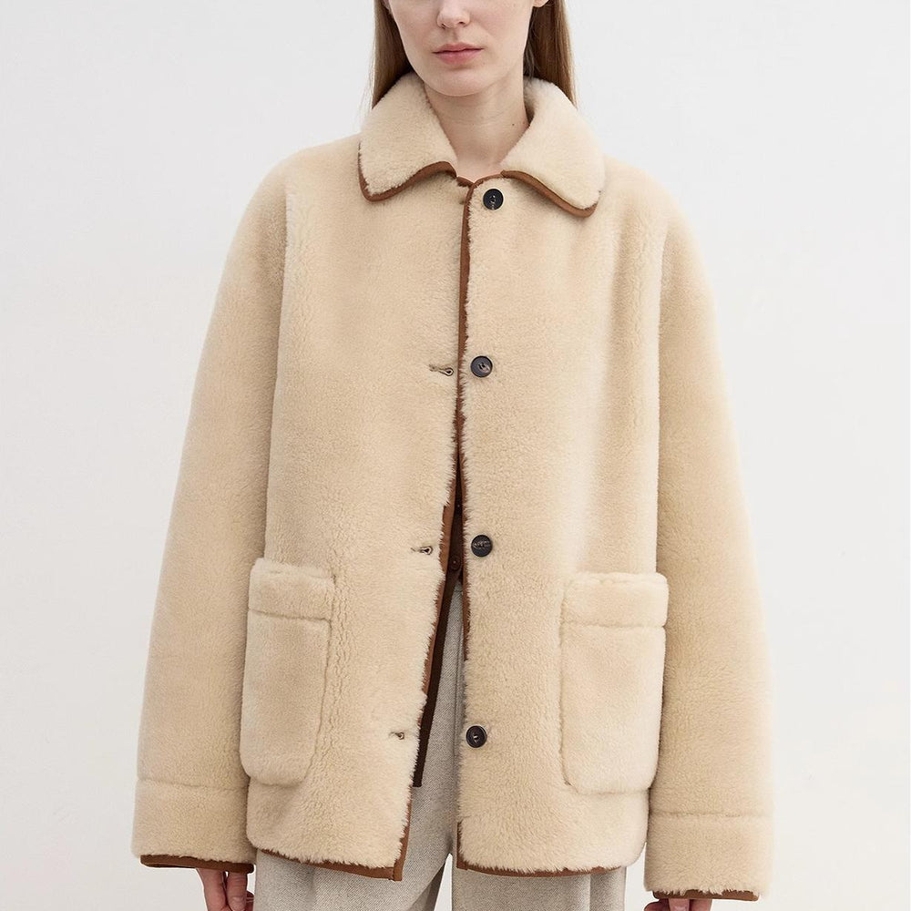 "Winter Concerto" Lapel Wool Artificial Compound Suede Vintage Contrast Colored Shearling Coat