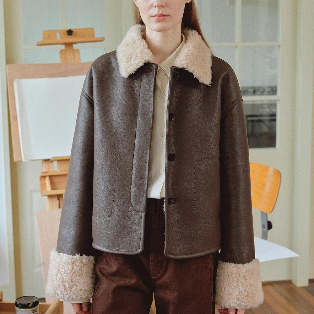 Slightly Sweet Latte Second Generation Furry Lapel Casual Straight Shorn Shearling Jacket
