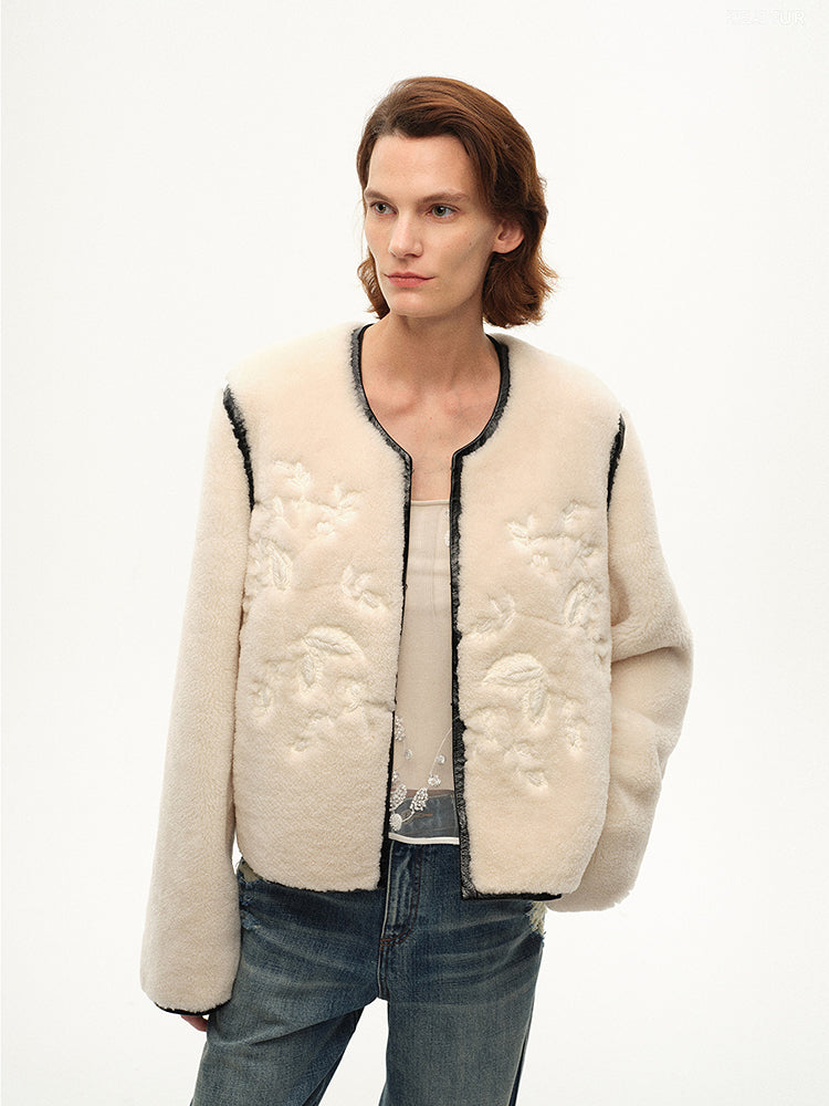 "FF×JW Muse Project" embroidered round neck short merino wool sheepskin fur coat