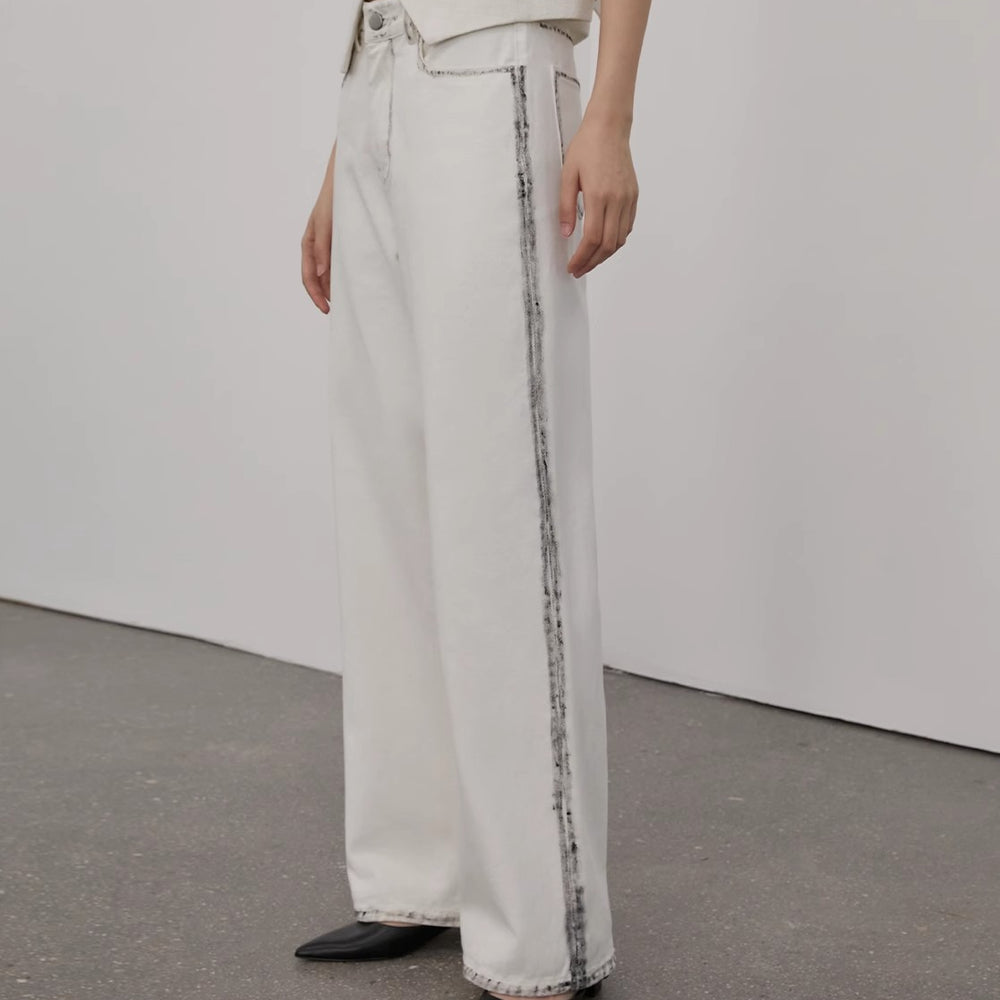 Beyond the Clouds White Loose-fitting Brush the edges Wide-leg Pants