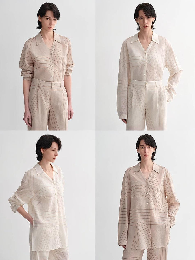 
                  
                    Linen original art stripe print classic lapel small V-neck design breathable shirt suit for women
                  
                