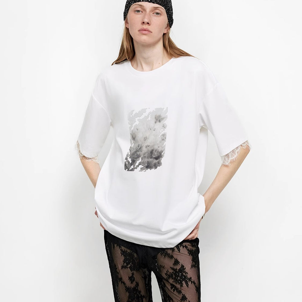 Printed Attitude Original Printed Cuffs Spliced Lace T-Shirt