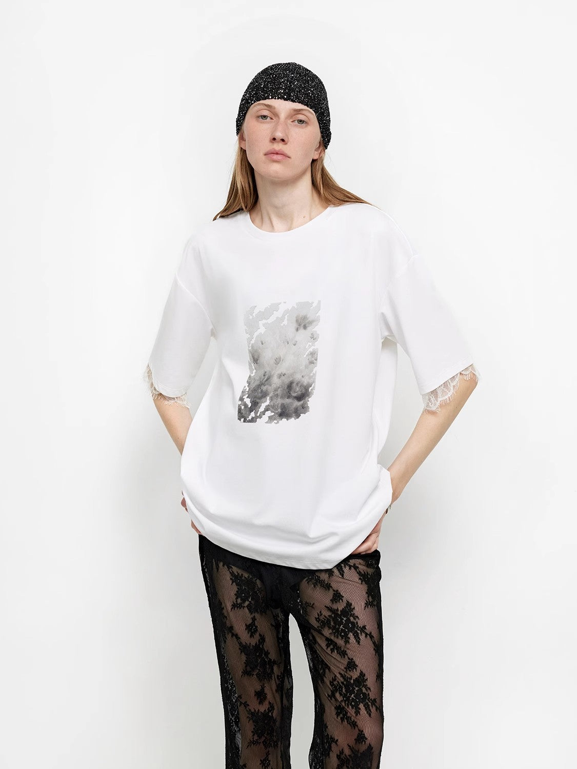 Printed Attitude Original Printed Cuffs Spliced Lace T-Shirt