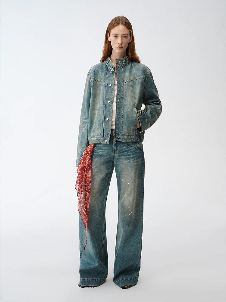 "Welsh" original leather coating process distressed motorcycle style stand collar short denim jacket