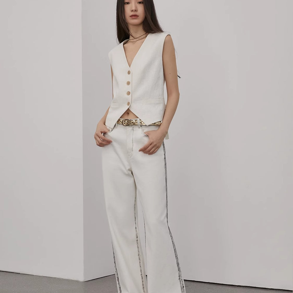 Beyond the Clouds White Loose-fitting Brush the edges Wide-leg Pants