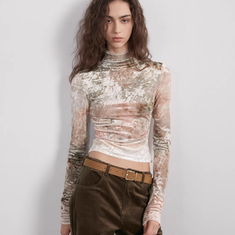 "Warm Sugar Latte" Smudge Print Velvet Long Sleeve Bottoming Shirt Women's Half Turtleneck T-shirt