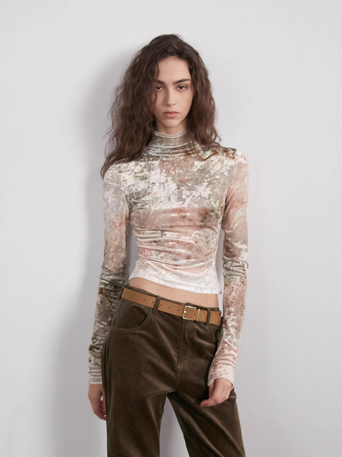 "Warm Sugar Latte" Smudge Print Velvet Long Sleeve Bottoming Shirt Women's Half Turtleneck T-shirt