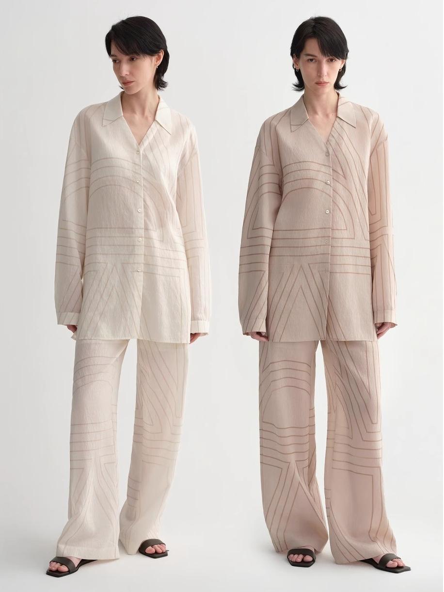 Linen original art stripe print classic lapel small V-neck design breathable shirt suit for women
