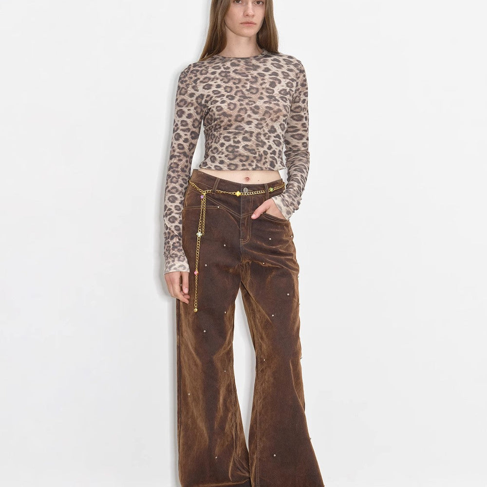 "Black Coffee" Fashionable Retro Casual Flocked Rivets Soft Layered Mid-Low Rise Jeans