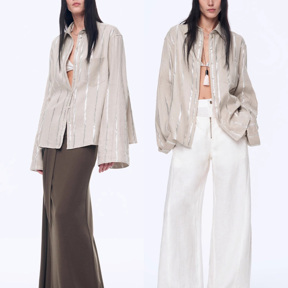 "Anonymous Letter" Silver Stripe Trumpet Sleeve Linen Cropped Shirt