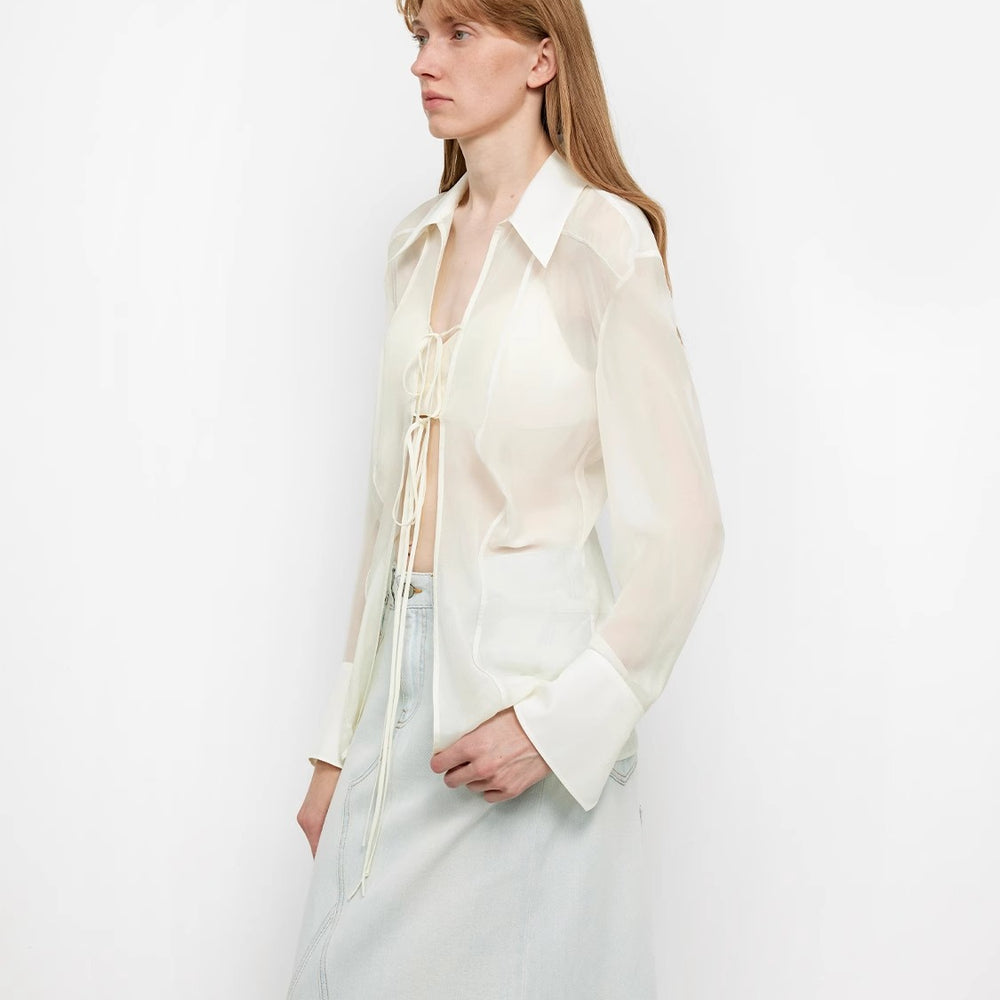 "Hazy Moonlight" Silk Chiffon Light and Hazy Feeling Cool Drape Lace-up Sun Protection Shirt Summer