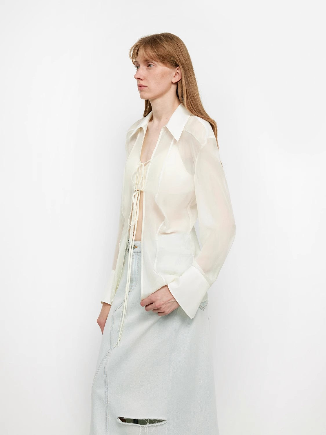 "Hazy Moonlight" Silk Chiffon Light and Hazy Feeling Cool Drape Lace-up Sun Protection Shirt Summer