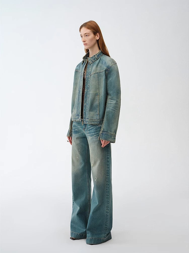 "Welsh" original leather coating process distressed motorcycle style stand collar short denim jacket