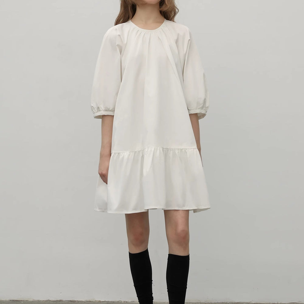 "Dream Island" Hepburn style white dress temperament high-end puff sleeve dress for women