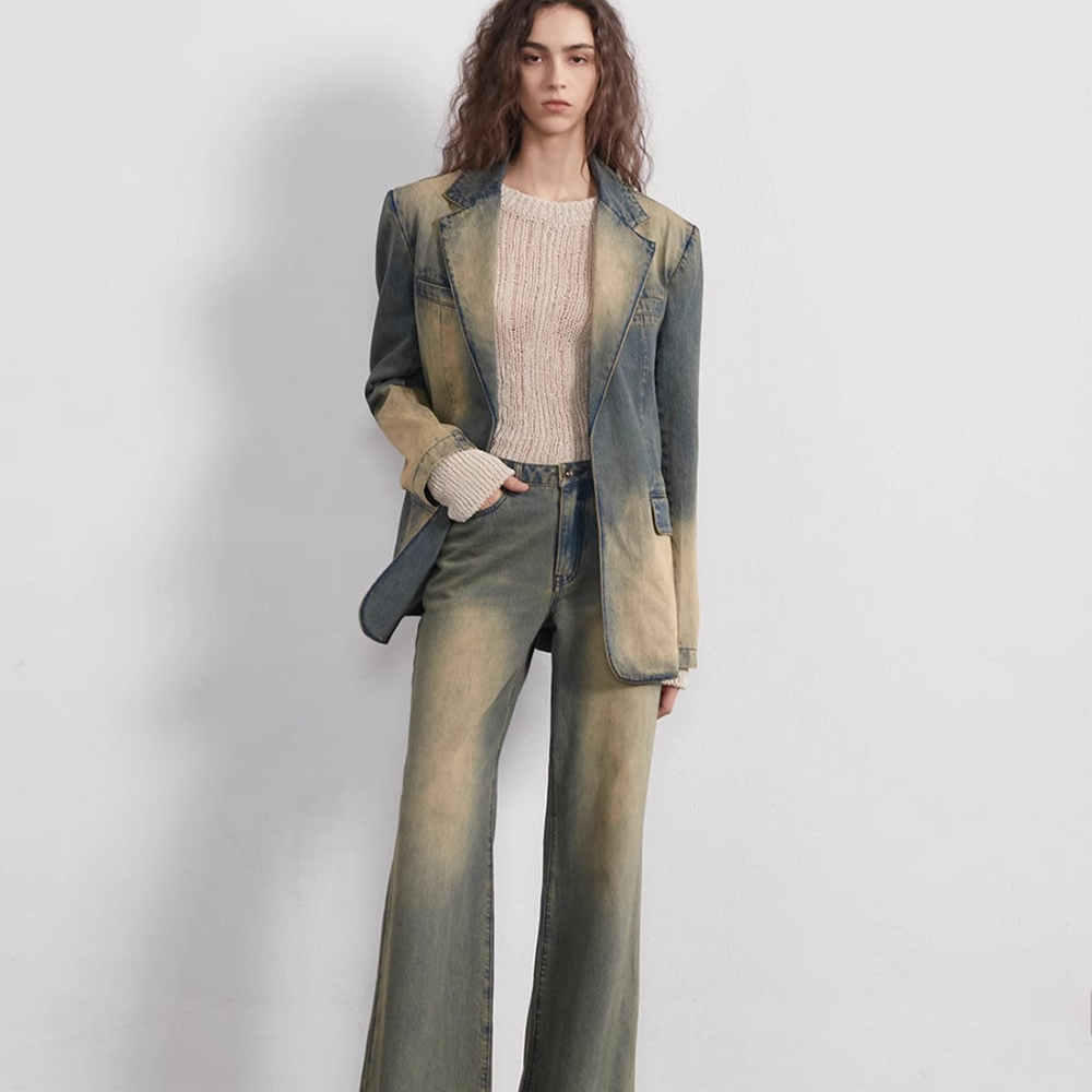 Barcelona street view retro washed distressed wide shoulder suit denim jacket