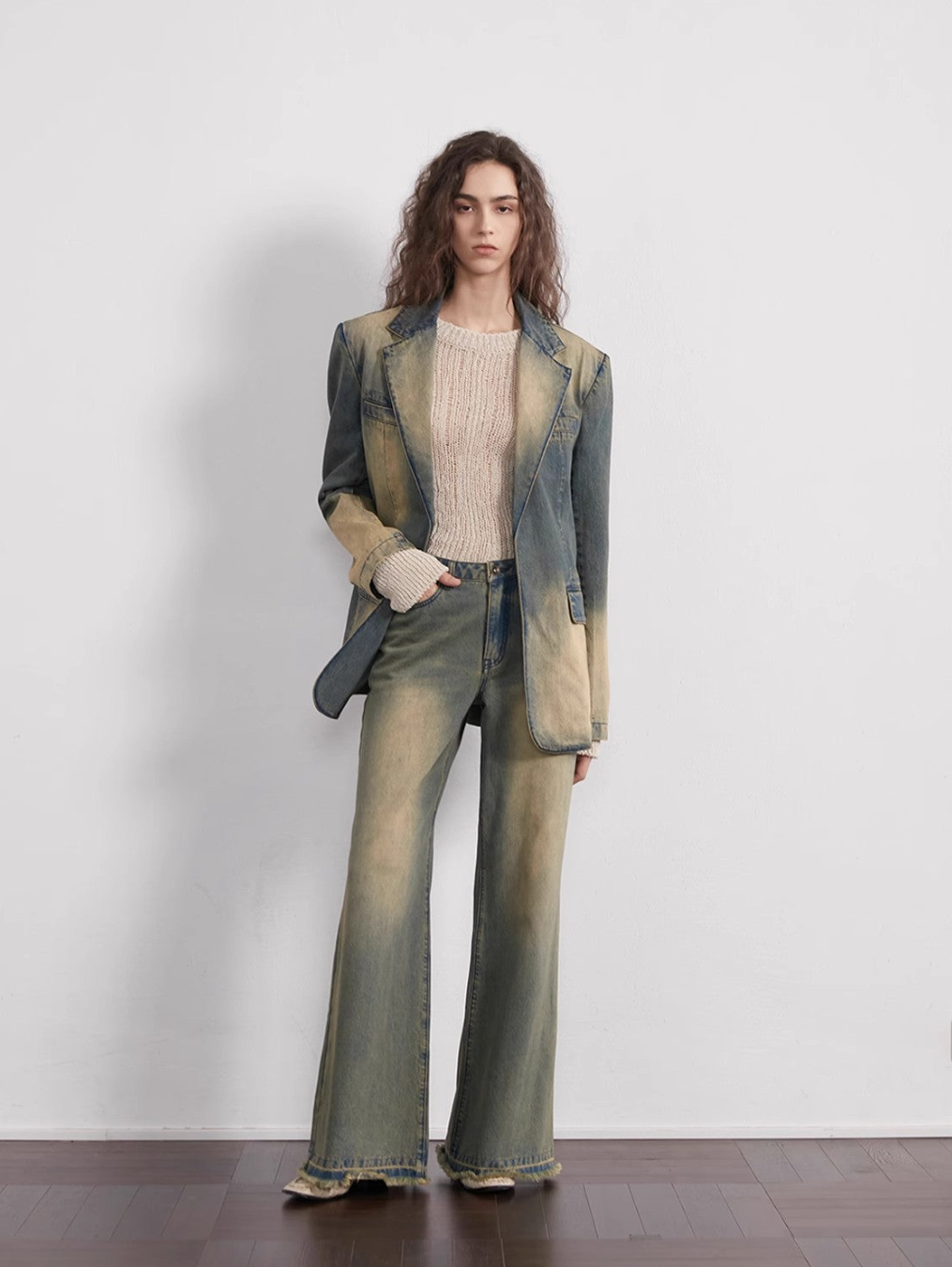 Barcelona street view retro washed distressed wide shoulder suit denim jacket