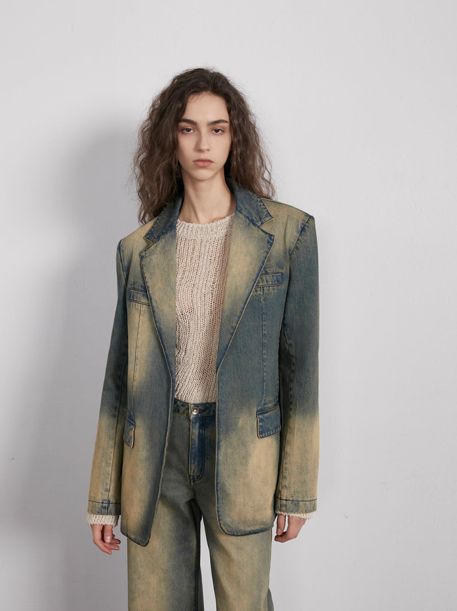 Barcelona street view retro washed distressed wide shoulder suit denim jacket