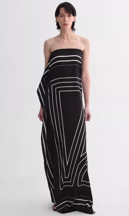 
                  
                    Mulberry silk stretch stripes contrast color geometric print light holiday wrap-style tube top dress
                  
                