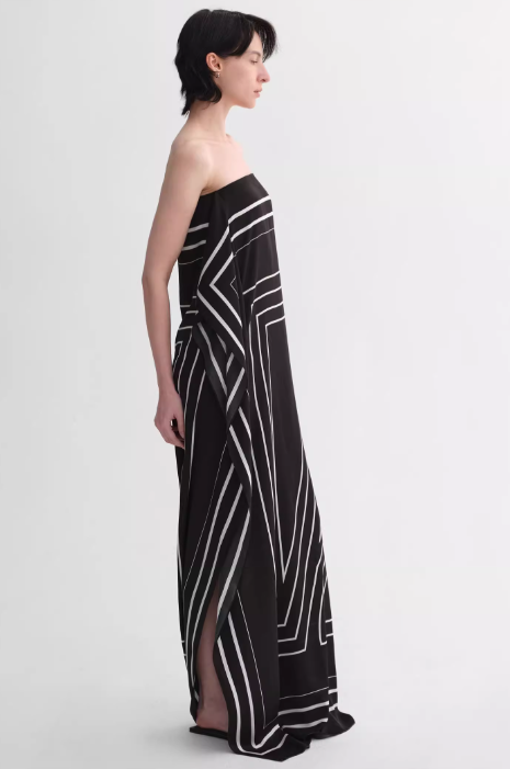 
                  
                    Mulberry silk stretch stripes contrast color geometric print light holiday wrap-style tube top dress
                  
                