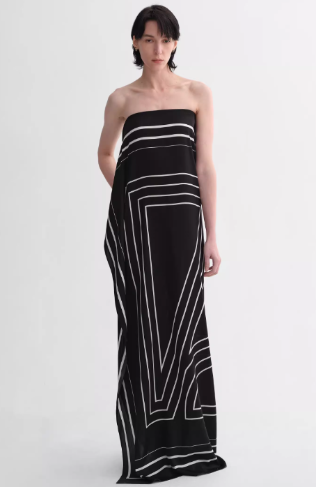 
                  
                    Mulberry silk stretch stripes contrast color geometric print light holiday wrap-style tube top dress
                  
                
