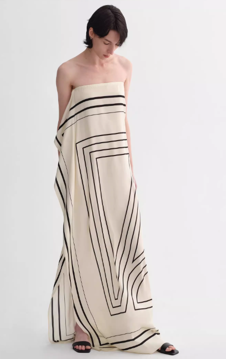 
                  
                    Mulberry silk stretch stripes contrast color geometric print light holiday wrap-style tube top dress
                  
                