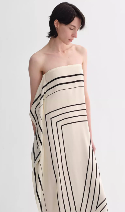 Mulberry silk stretch stripes contrast color geometric print light holiday wrap-style tube top dress