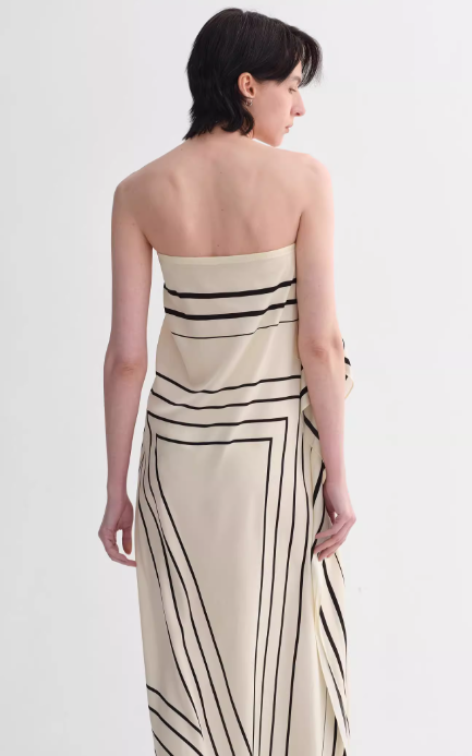 
                  
                    Mulberry silk stretch stripes contrast color geometric print light holiday wrap-style tube top dress
                  
                