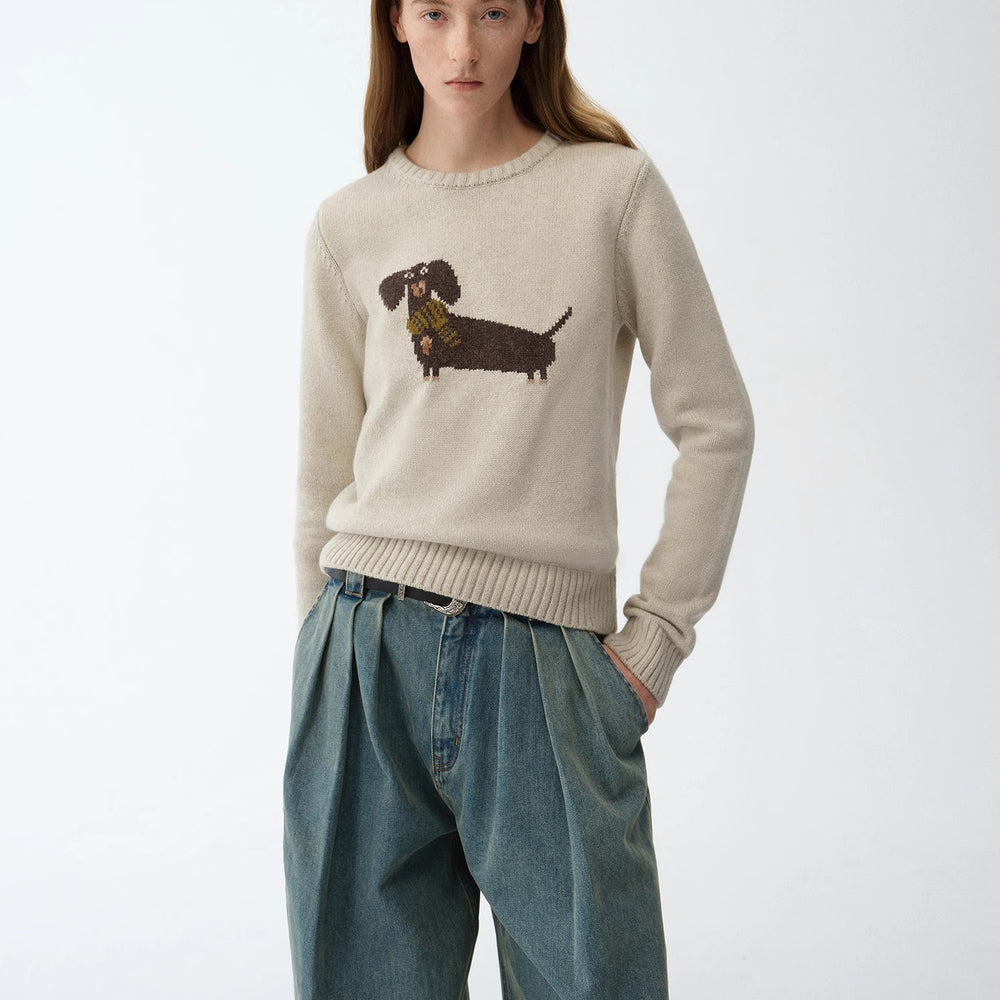 
                  
                    "Brani" Superfine Merino Wool Cotton Blend Animal Jacquard Round Neck Sweater for Women
                  
                