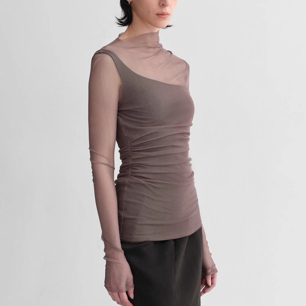 
                  
                    Double-layer transparent oblique collar pinched pleat half-high collar slim fit fake two-piece knitted T-shirt tops for women
                  
                