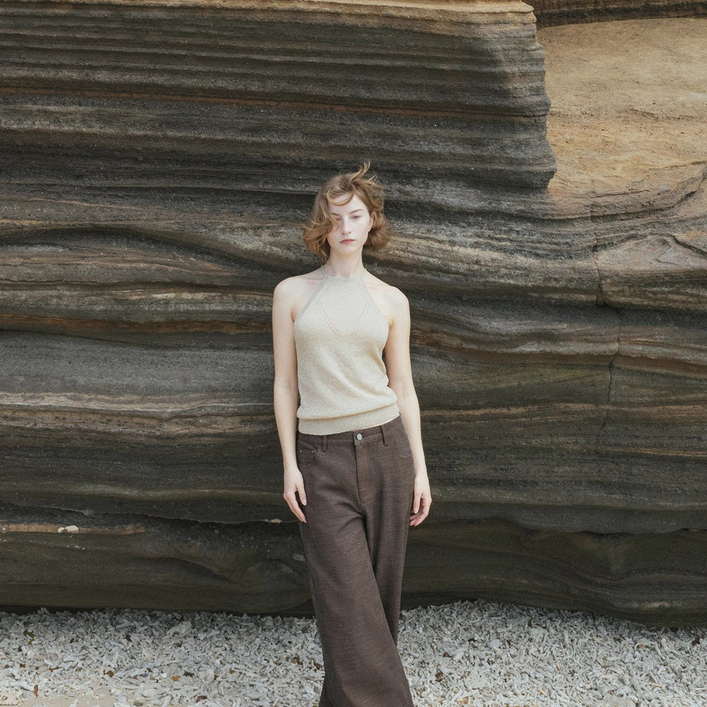 "Moussaka" wooden beaded lace-up halterneck knitted vest