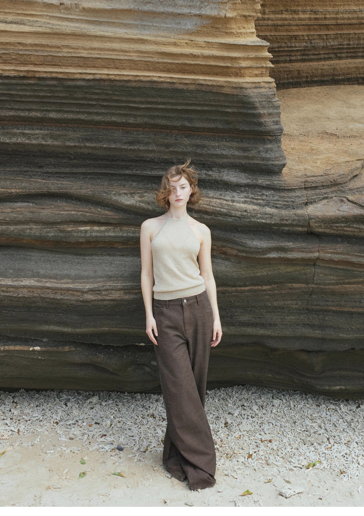 "Moussaka" wooden beaded lace-up halterneck knitted vest