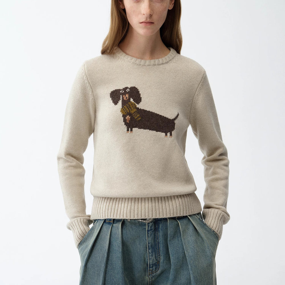 "Brani" Superfine Merino Wool Cotton Blend Animal Jacquard Round Neck Sweater for Women