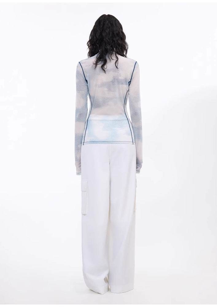 
                  
                    Smudge-printed mesh slightly see-through long-sleeved T-shirt for women
                  
                