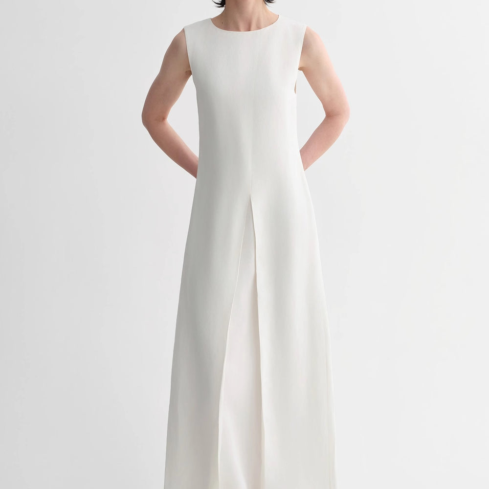 Mulberry silk sleeveless round neck oblique pleated A-line white dress