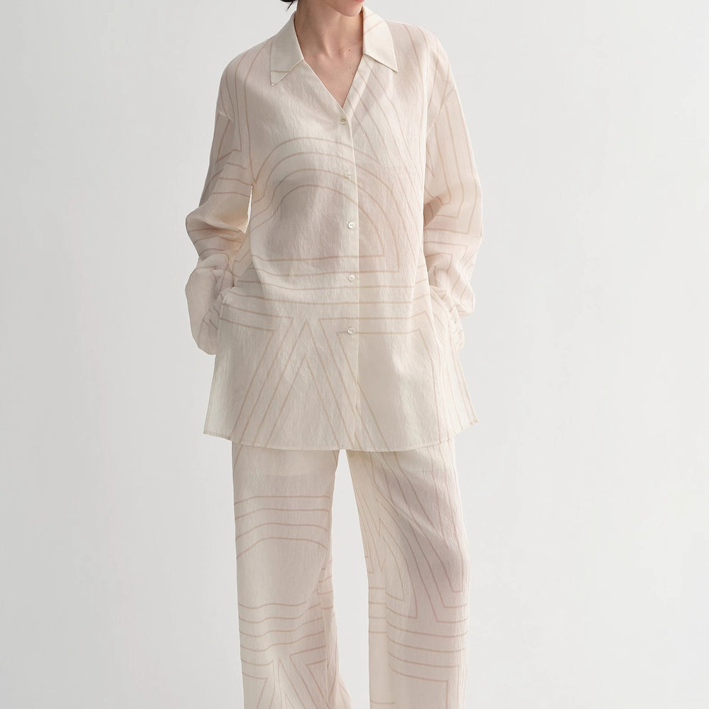 
                  
                    Linen original art stripe print classic lapel small V-neck design breathable shirt suit for women
                  
                